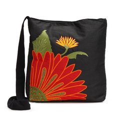 Handmade Floral Crossbody Black Bag made from Dupion & cotton Duck Fabric with Embroidery For Women & Girls