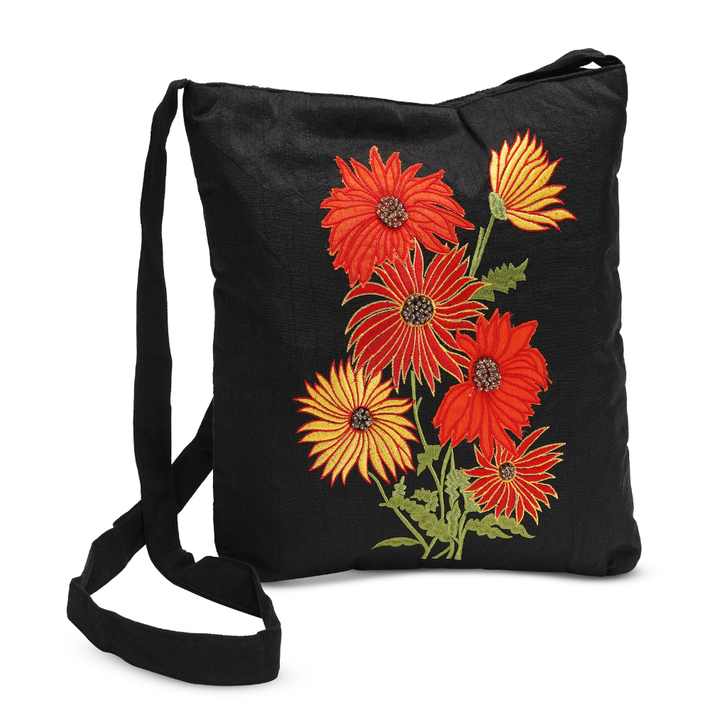 Handmade Floral Crossbody Black Bag made from Dupion & cotton Duck Fabric with Embroidery For Women & Girls