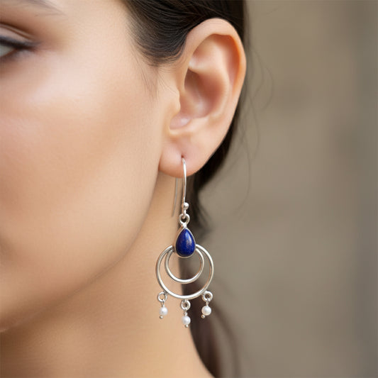 Fusionari 925 Sterling Silver Lapis Earrings for Women | Handcrafted Blue Gemstone Jewelry | Classic and Stylish Design | Size 4.1x1.7 cm
