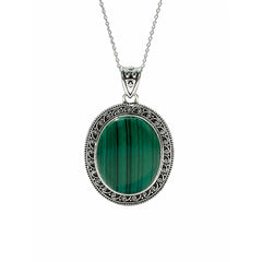 925 Sterling Silver Malachite Oval Pendant Cabochon Cut Ornate Scroll Frame Design