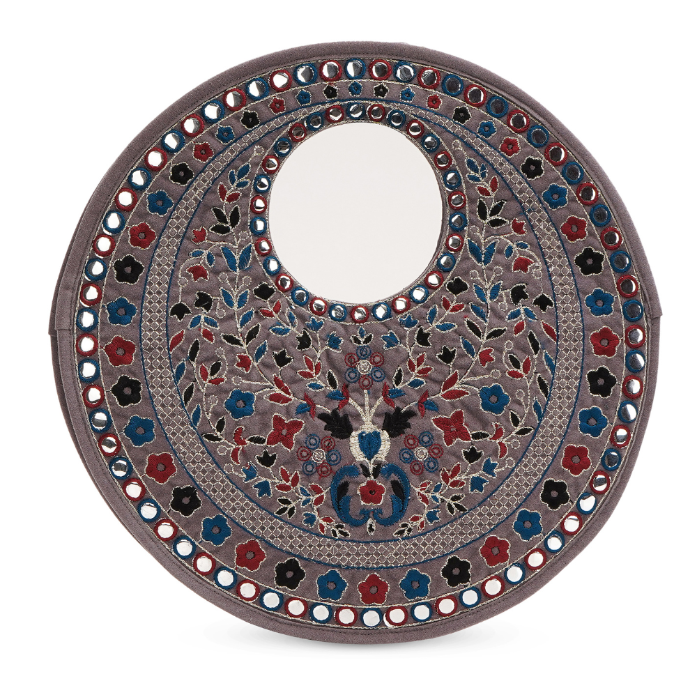 Gray Suede Floral Embroidered Round Handbag, Hand Purse, Clutches with Patra Mirror Work for Women & Girls