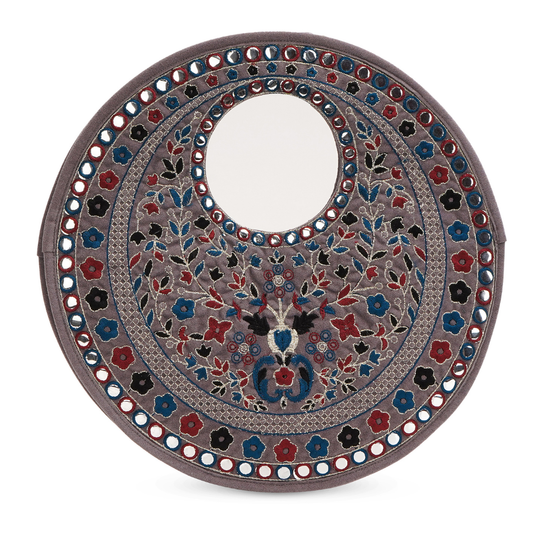 Gray Suede Floral Embroidered Round Handbag, Hand Purse, Clutches with Patra Mirror Work for Women & Girls