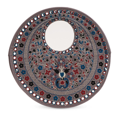 Gray Suede Floral Embroidered Round Handbag, Hand Purse, Clutches with Patra Mirror Work for Women & Girls