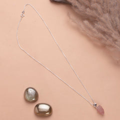 925 Sterling Silver Uncut Rose Quartz Pendant with 18" Chain for Women | Natural Raw Gemstone Handmade Jewelry