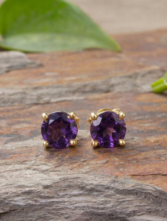 925 Sterling Silver Gold Plated  Amethyst Stud Earrings for Women | Gemstone Stud Eartop | Handmade Silver Jewelry | Elegant Daily Wear Gift