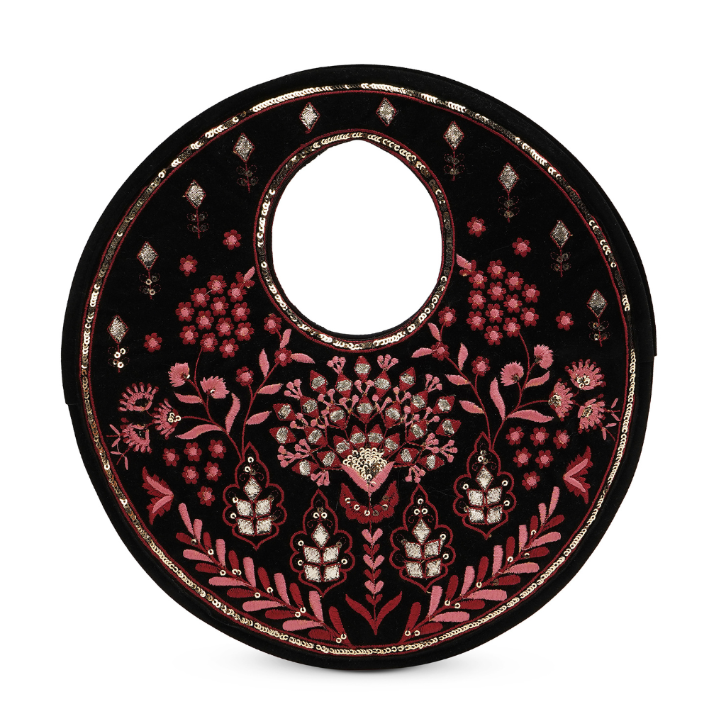 Traditional Black Suede Round Handbag with Floral Embroidery, Gota Patti & Sequin Work