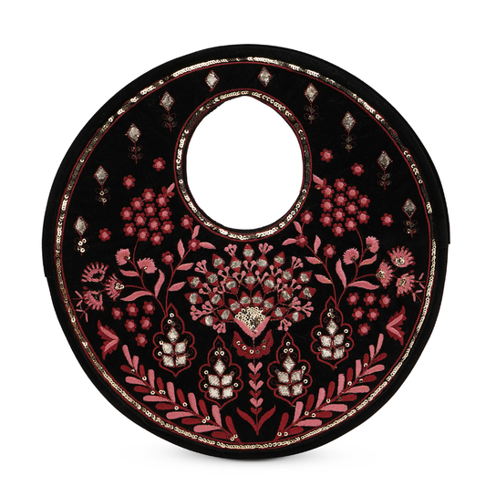Traditional Black Suede Round Handbag with Floral Embroidery, Gota Patti & Sequin Work