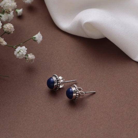 925 Sterling Silver Lapis Stud Earrings for Women | Deep Blue Handmade Eartops | Elegant Daily Jewelry