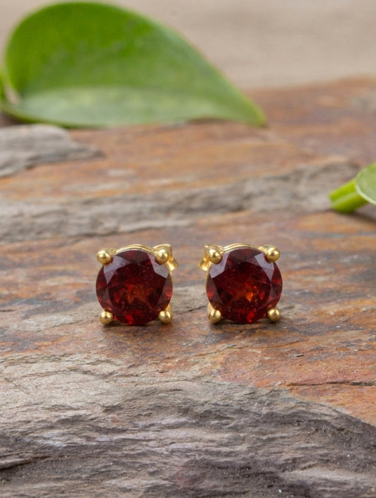 925 Sterling Silver Gold Plated  Garnet Stud Earrings for Women | Gemstone Stud Eartop | Handmade Silver Jewelry | Elegant Daily Wear Gift