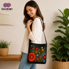 Handmade Floral Crossbody Black Bag made from Dupion & cotton Duck Fabric with Embroidery For Women & Girls