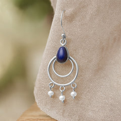 Fusionari 925 Sterling Silver Lapis Earrings for Women | Handcrafted Blue Gemstone Jewelry | Classic and Stylish Design | Size 4.1x1.7 cm