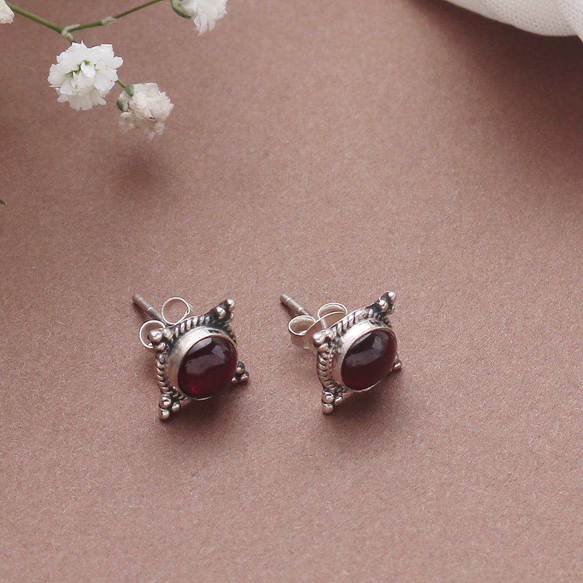 925 Sterling Silver Garnet Stud Earrings for Women | Rich Red Handmade Eartops | Festive & Daily Jewelry