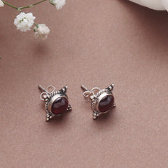 925 Sterling Silver Garnet Stud Earrings for Women | Rich Red Handmade Eartops | Festive & Daily Jewelry