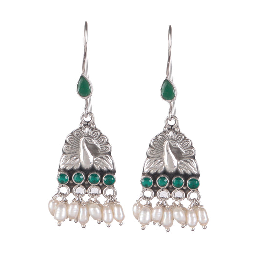 Fusionari 925 Sterling Silver Earrings with Emerald Stone | Handmade Minimalist Jewelry | Elegant Timeless Design | Size 6x2.5 cm | One Pair