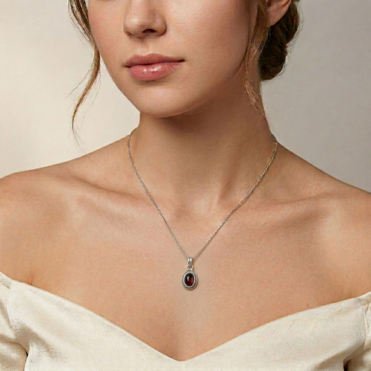 925 Sterling Silver Garnet Pendant with 18 Inch Chain |  Gemstone Pendant Necklace | Handmade Daily Wear Jewelry