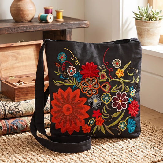 Handmade Floral Crossbody Black Bag made from Dupion & cotton Duck Fabric with Embroidery For Women & Girls