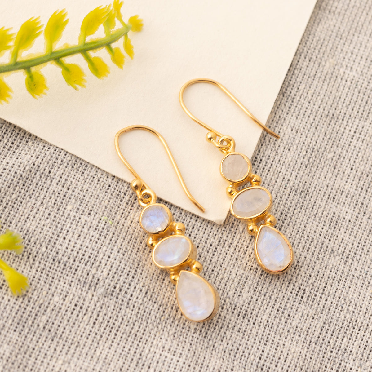 Fusionari 925 Sterling Silver Gold Plated Moonstone Earrings for Women | Natural Healing Gemstone Jewelry | Handmade Minimalist Design | Size 3.9x7 cm | 1 Pair