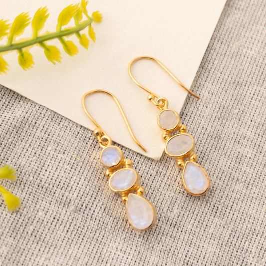 Fusionari 925 Sterling Silver Gold Plated Moonstone Earrings for Women | Natural Healing Gemstone Jewelry | Handmade Minimalist Design | Size 3.9x7 cm | 1 Pair