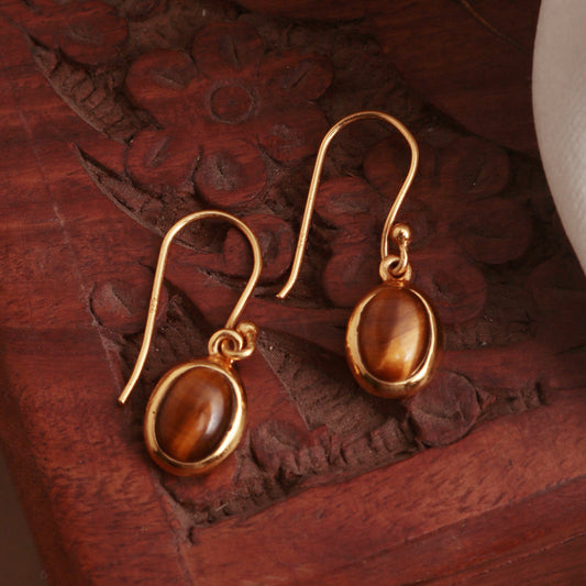 925 Sterling Silver Gold Plated Tiger Eye Earrings for Women | Natural Tiger Eye Gemstone Jewelry | Elegant Handcrafted Gift