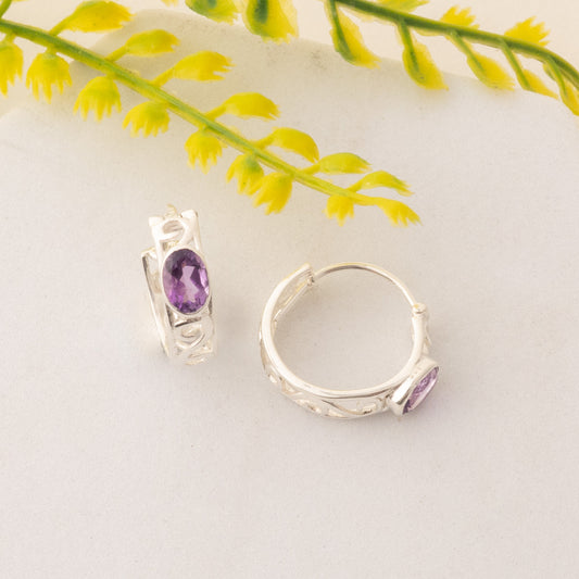 Fusionari 925 Sterling Silver Amethyst Earrings for Women | Handmade Natural Gemstone Jewelry | Healing Crystal Energy | Size 1.3x0.5 cm |  1 Pair