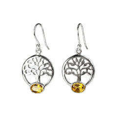 925 Silver Citrine Gemstone Earring Oval Cabochon in Bezel Setting with Tree Design and Hook Earwire
