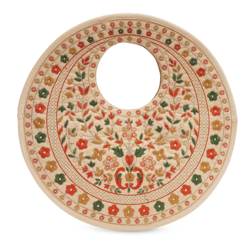 Beige Suede Floral Embroidered Round Handbag, Hand Purse, Clutches with Thread Work for Women & Girls