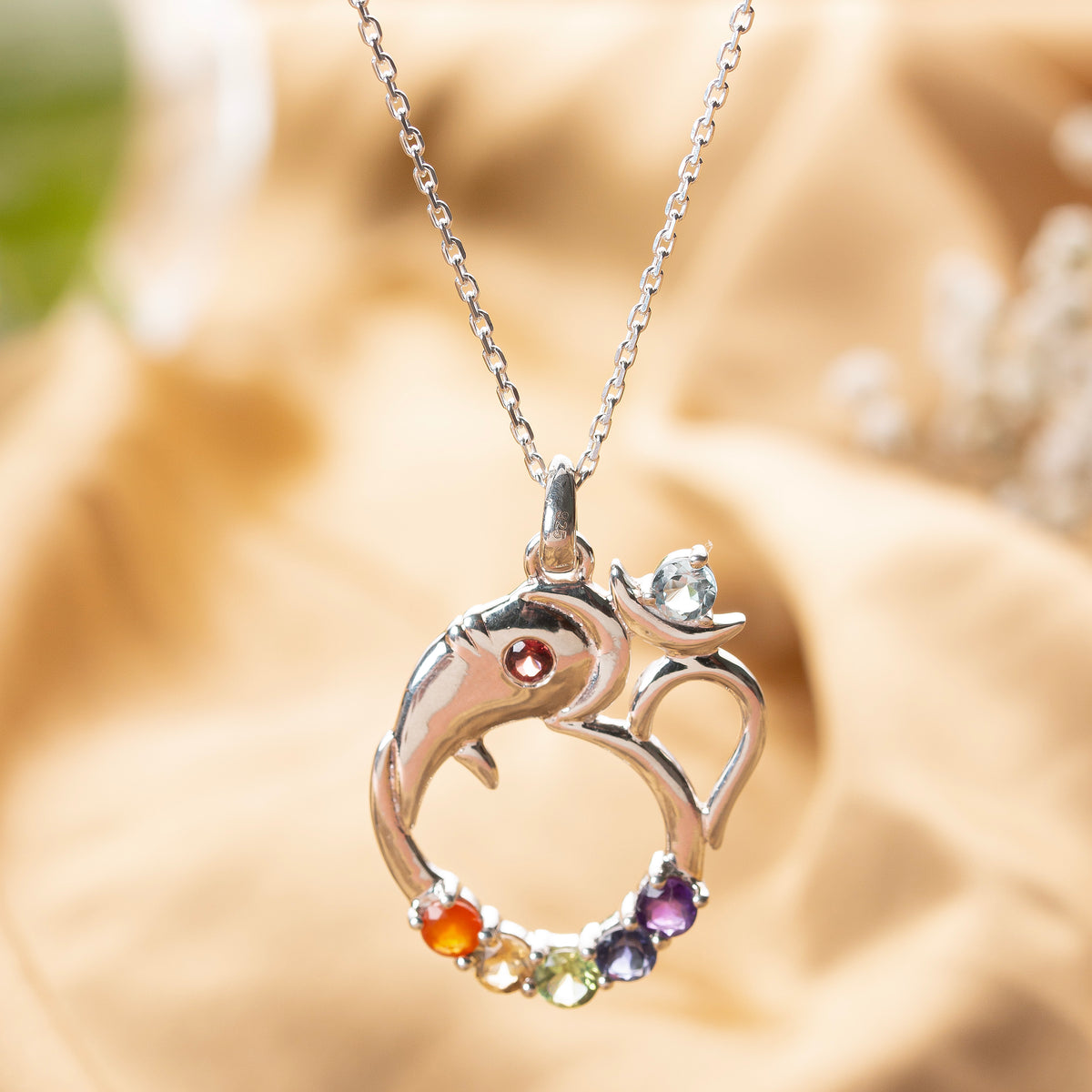 Fusionari 925 Sterling Silver Ganesh Ji Chakra Pendant for Women | Healing 7 Chakra Gemstone Pendant | Without Chain
