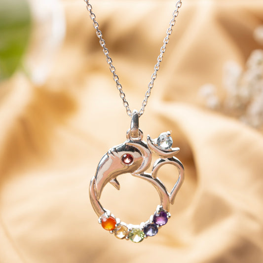 Fusionari 925 Sterling Silver Ganesh Ji Chakra Pendant for Women | Healing 7 Chakra Gemstone Pendant | Without Chain