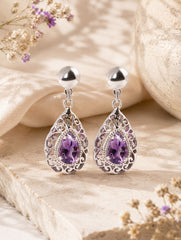 925 Sterling Silver Amethyst Gemstone Drop Earrings