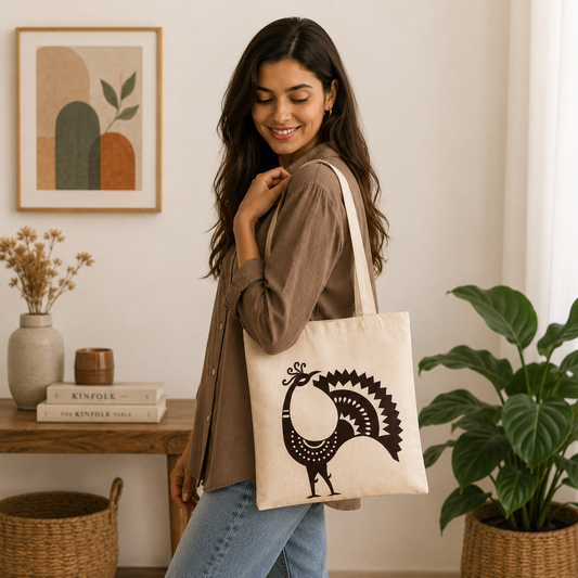 Handmade White Flex Cotton Tote Bag with Peacock Embroidery Shoulder Bag | Maroon
