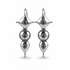 925 Sterling Silver Garnet Oxidized Drop Earrings for Women Geometric Design with Round Motifs and Dangling Details