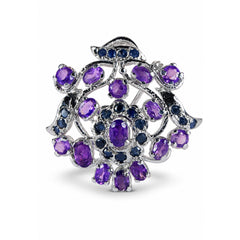 925 Sterling Silver Amethyst & Blue Sapphire Floral Pin, Purple Gemstone Brooch with Leaf Design for Women