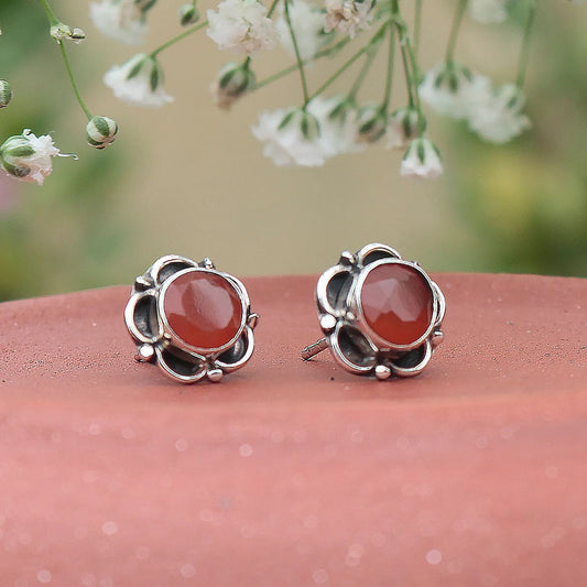 925 silver round Faceted Carnelian Gemstone Eartops Handmade in Bezel setting with push closure in Oxidised finish.