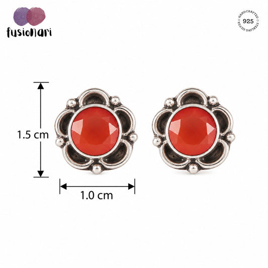925 silver round Faceted Carnelian Gemstone Eartops Handmade in Bezel setting with push closure in Oxidised finish.