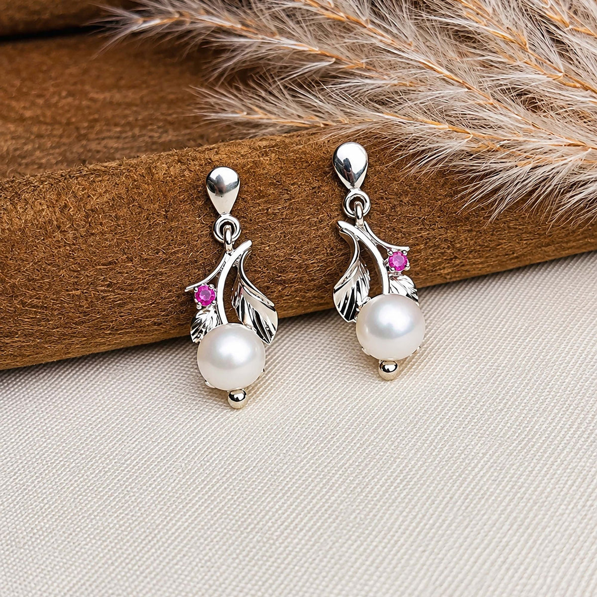 925 Silver Pearl & Ruby Gemstone Earring Handmade Round Cabochon in Prong Setting with Floral Leaf Design and Drop Earwire