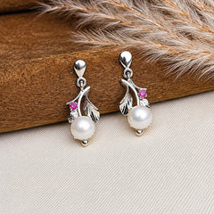925 Silver Pearl & Ruby Gemstone Earring Handmade Round Cabochon in Prong Setting with Floral Leaf Design and Drop Earwire