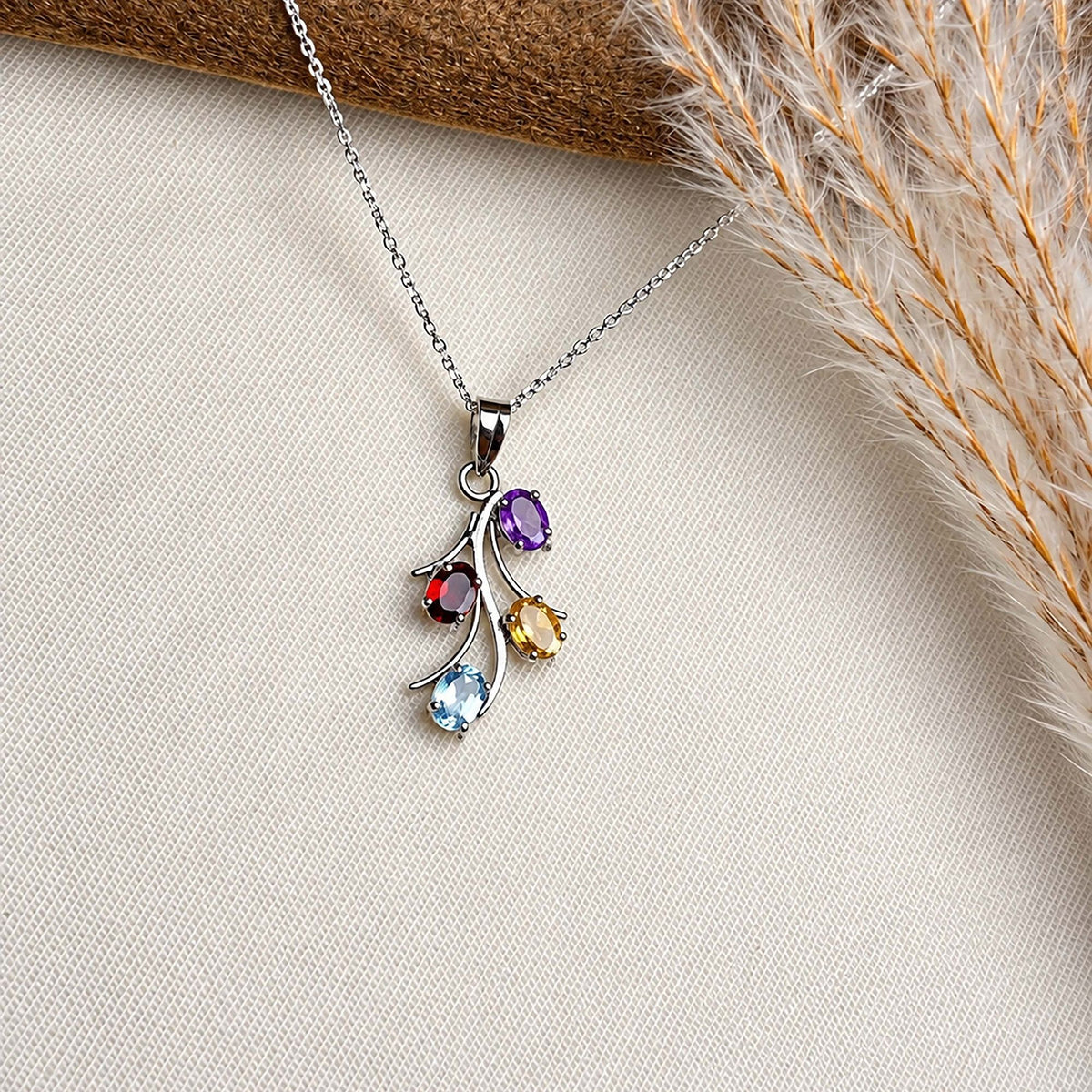 925 Silver Multistone Gemstone Oval Pendant Curved Floral Cluster Design