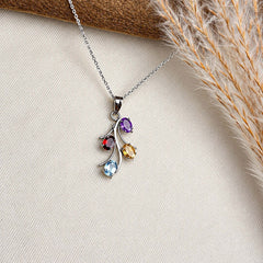 925 Silver Multistone Gemstone Oval Pendant Curved Floral Cluster Design