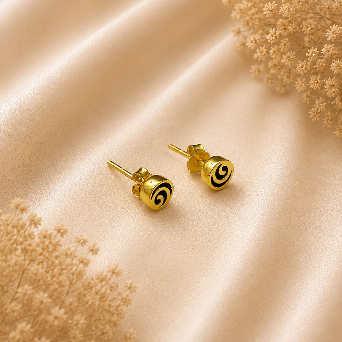 FUSIONARI 925 Sterling Silver Gold Plated Spiral Round Oxidised Swirl Stud Earrings