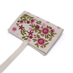 Handmade Jewelry Roll Bag, White Soft Suede Fabric with Pink Thread Embroidery