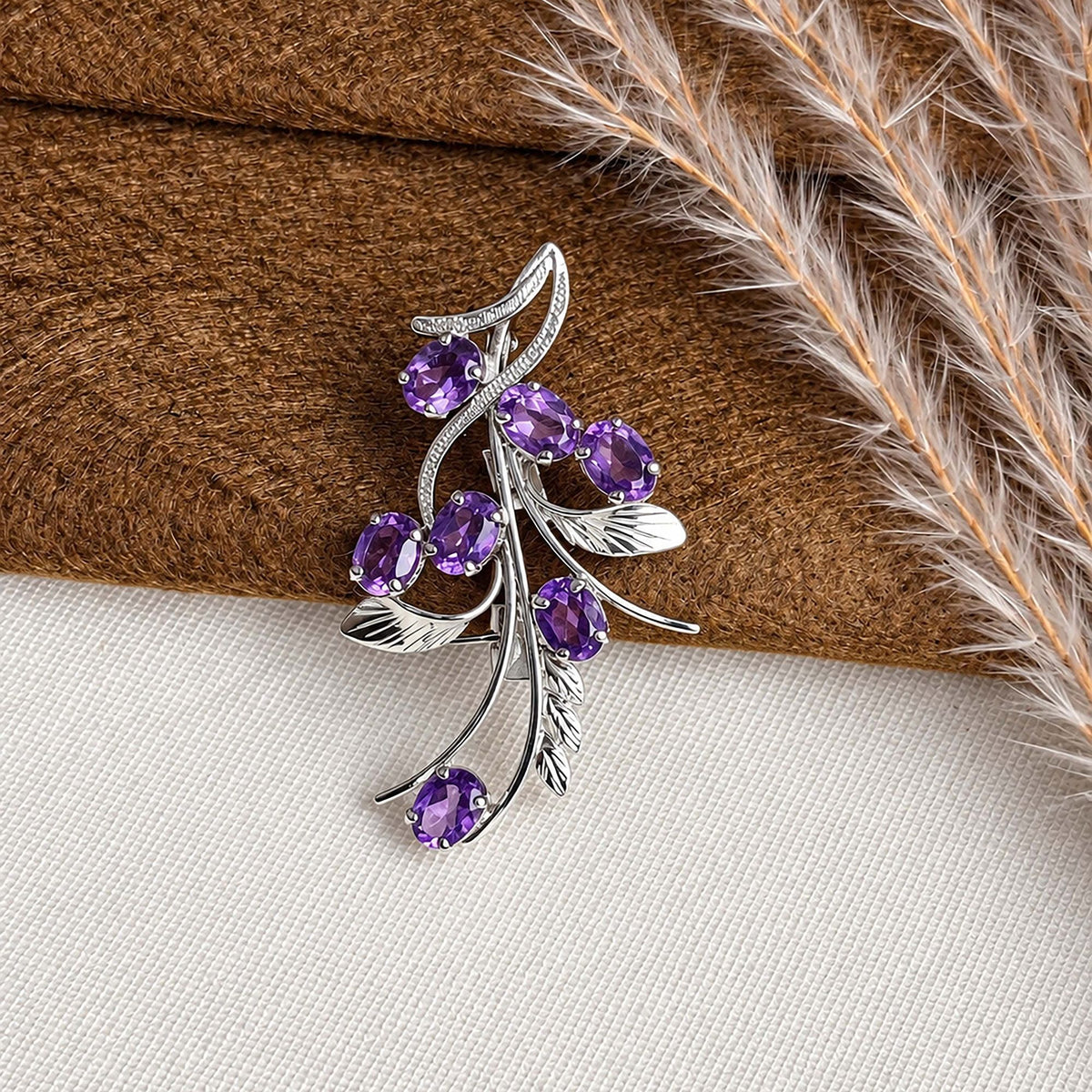 925 Silver Handmade Amethyst Gemstone Brooch Oval Faceted Cut in Prong Setting with Floral Leaf Design and Locking Pin Closure