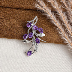 925 Silver Handmade Amethyst Gemstone Brooch Oval Faceted Cut in Prong Setting with Floral Leaf Design and Locking Pin Closure