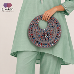 Gray Suede Floral Embroidered Round Handbag, Hand Purse, Clutches with Patra Mirror Work for Women & Girls
