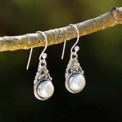 925 silver round cultured pearl handmade carved earrings in bezel setting in oxidised finish with ball earwire