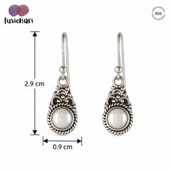 925 silver round cultured pearl handmade carved earrings in bezel setting in oxidised finish with ball earwire