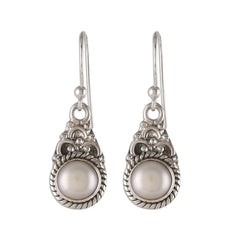 925 silver round cultured pearl handmade carved earrings in bezel setting in oxidised finish with ball earwire