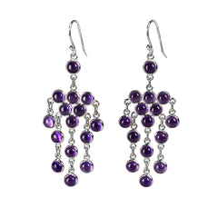 925 Silver Amethyst Gemstone Earring Round Cabochon in Bezel Setting with Cluster Drop Design and Hook Earwire