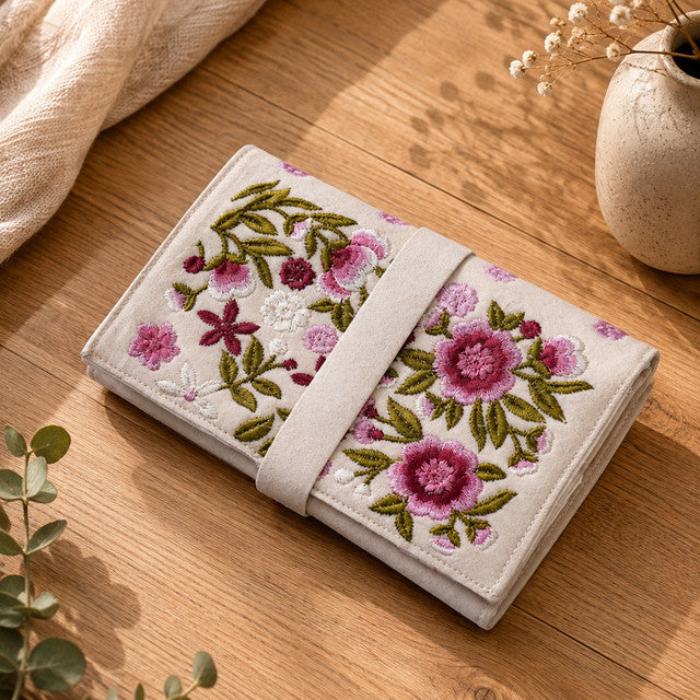 Handmade Jewelry Roll Bag, White Soft Suede Fabric with Pink Thread Embroidery