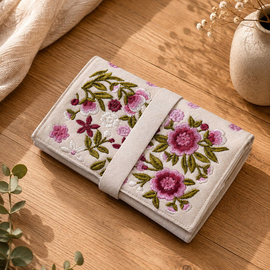 Handmade Jewelry Roll Bag, White Soft Suede Fabric with Pink Thread Embroidery