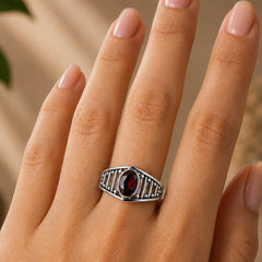 925 Sterling Silver Garnet Gemstone Ring for Women with Deep Red Oval Stone and Decorative Pattern